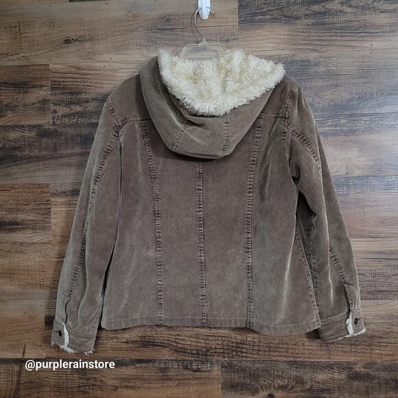 Vtg B Moss Corduroy Zip Barn Coat L Faux Fur Dark Beige Clay Brown Y2K - Picture 2 of 11
